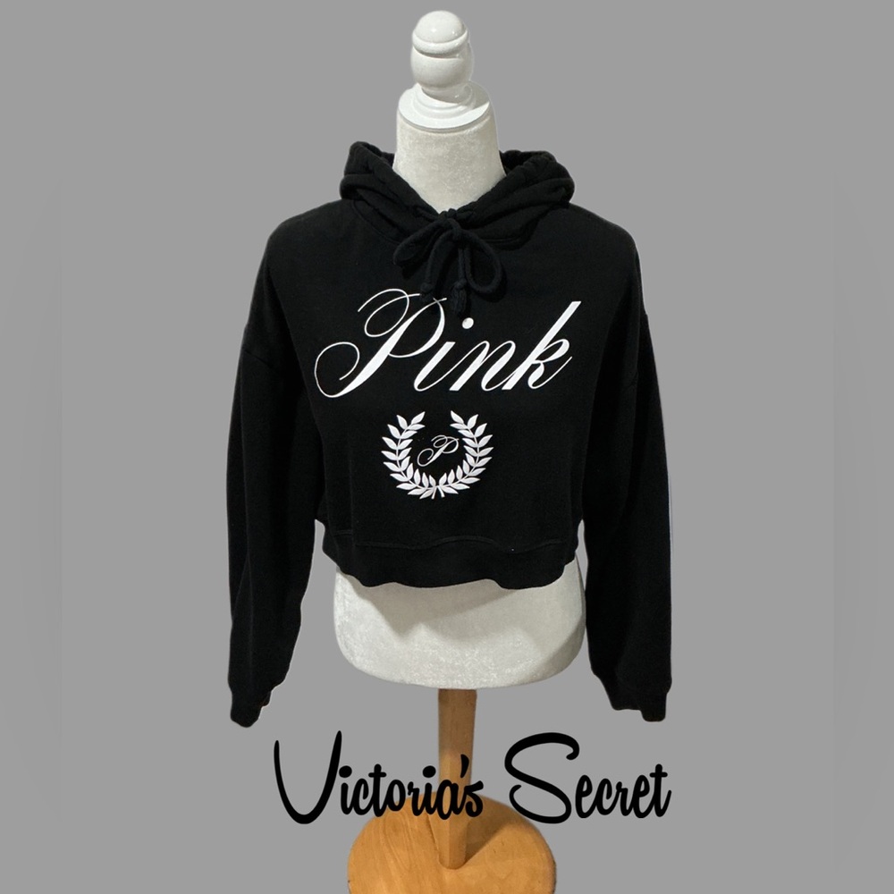 PINK VICTORIA’S SECRET Relaxed Cropped Pull Over Black Hoodie Size Large